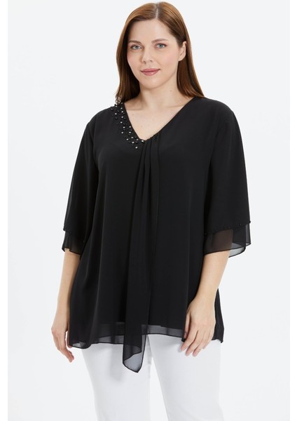 Büyük Beden V Yaka Yakası Taşlı Önü Plili Bluz