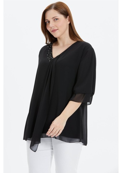 Büyük Beden V Yaka Yakası Taşlı Önü Plili Bluz fiyatları
