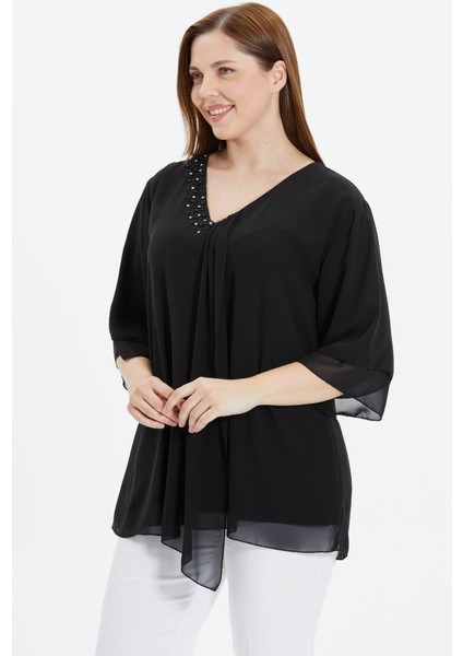 Büyük Beden V Yaka Yakası Taşlı Önü Plili Bluz modelleri
