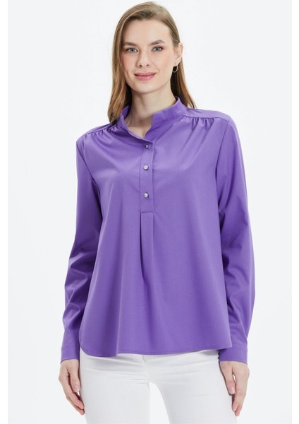 Hakim Yaka Omuzları Büzgülü Üç Düğme Bluz