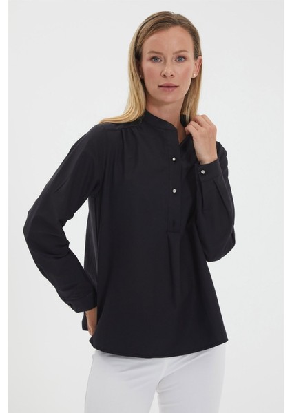 Hakim Yaka Omuzları Büzgülü Üç Düğme Bluz indirimleri