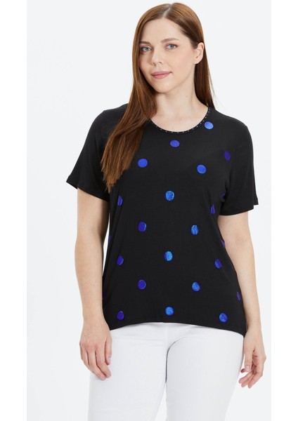 Büyük Beden Puantiyeli Varaklı Kısa Kol Penye Bluz