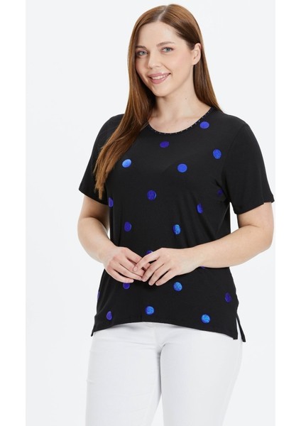 Büyük Beden Puantiyeli Varaklı Kısa Kol Penye Bluz fiyatları