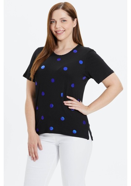 Büyük Beden Puantiyeli Varaklı Kısa Kol Penye Bluz modelleri