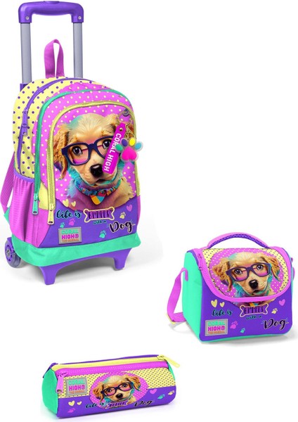Sarı Pembe Sevimli Köpek Desenli Üç Bölmeli Çekçekli Okul 3'lü Çanta Seti 3SET23952
