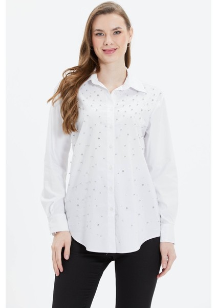 Gömlek Yaka Önü Taşlı Uzun Kol Bluz