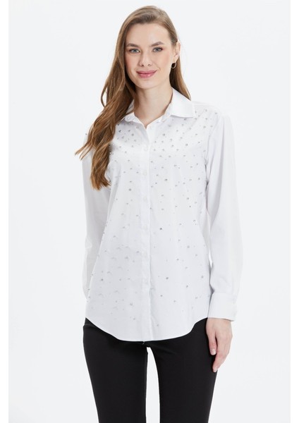 Gömlek Yaka Önü Taşlı Uzun Kol Bluz modelleri