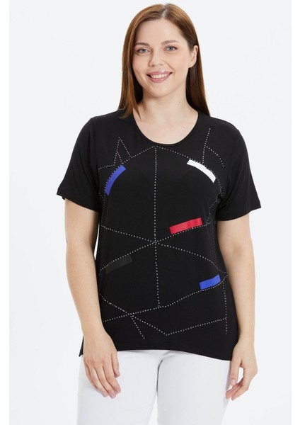 Büyük Beden Önü Geometrik Taşlı Penye Bluz