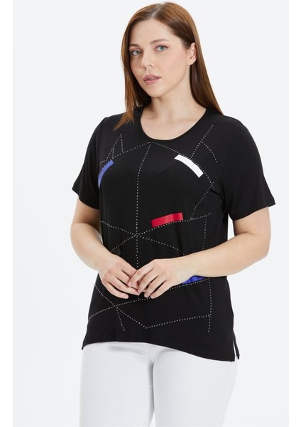 Büyük Beden Önü Geometrik Taşlı Penye Bluz fiyatları