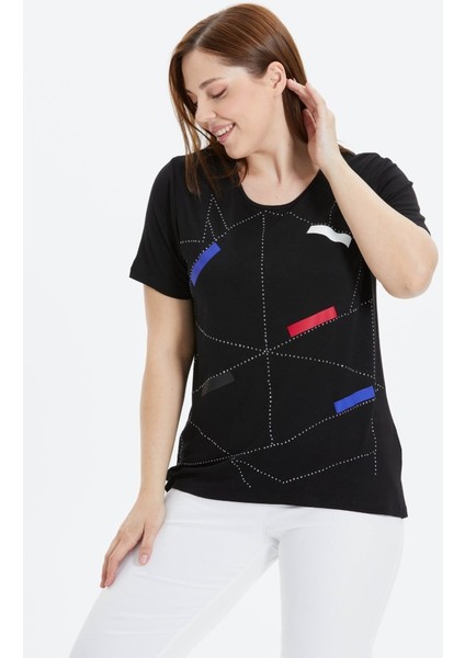 Büyük Beden Önü Geometrik Taşlı Penye Bluz modelleri