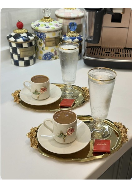 25 cm Gold Oval Model 2 Adet Kulplu Sunum Tepsisi Servis Tepsi