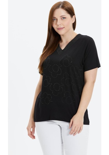 Büyük Beden Önü Çiçek Taşlı V Yaka Penye Bluz fiyatları