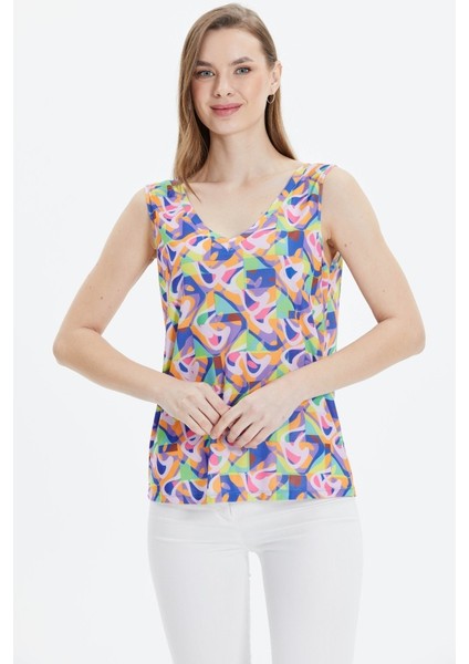 Önü ve Arkası V Kolsuz Soyut Desen Bluz