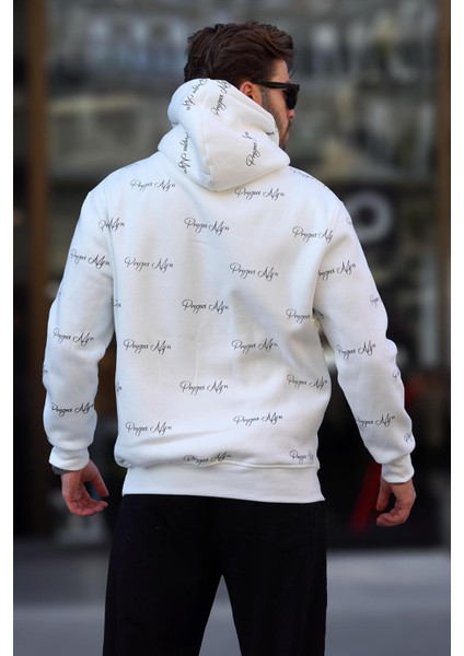 Ekru Baskılı Kapşonlu Cep Detaylı Erkek Sweatshirt 7075