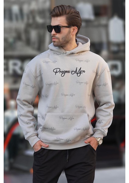 Boyalı Gri Baskılı Kapşonlu Cep Detaylı Erkek Sweatshirt 7075