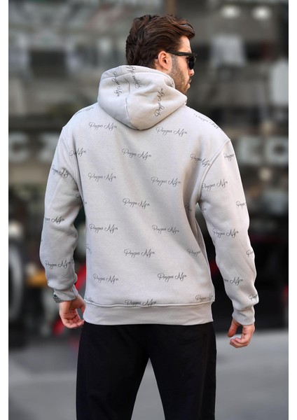 Boyalı Gri Baskılı Kapşonlu Cep Detaylı Erkek Sweatshirt 7075