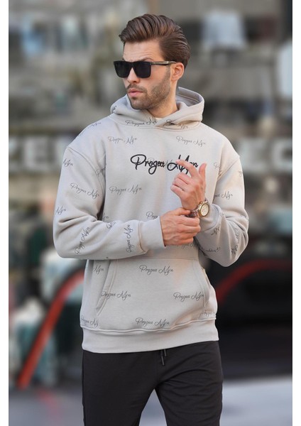 Boyalı Gri Baskılı Kapşonlu Cep Detaylı Erkek Sweatshirt 7075