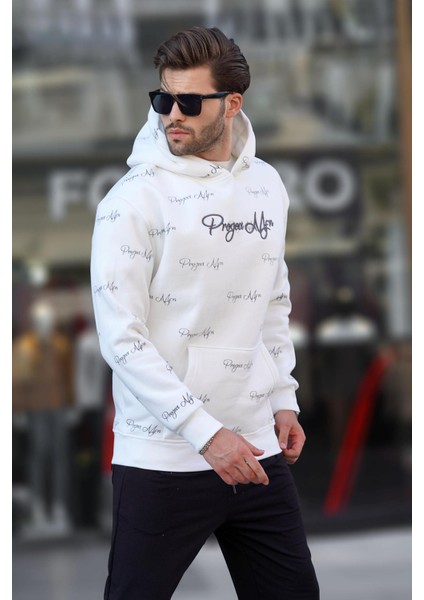 Ekru Baskılı Kapşonlu Cep Detaylı Erkek Sweatshirt 7075 fiyatları