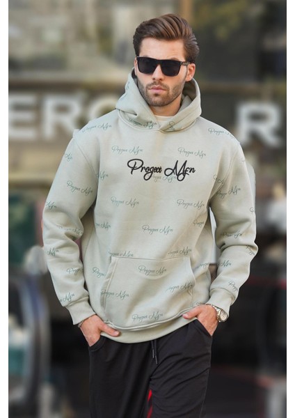 Çağla Yeşili Baskılı Kapşonlu Cep Detaylı Erkek Sweatshirt 7075