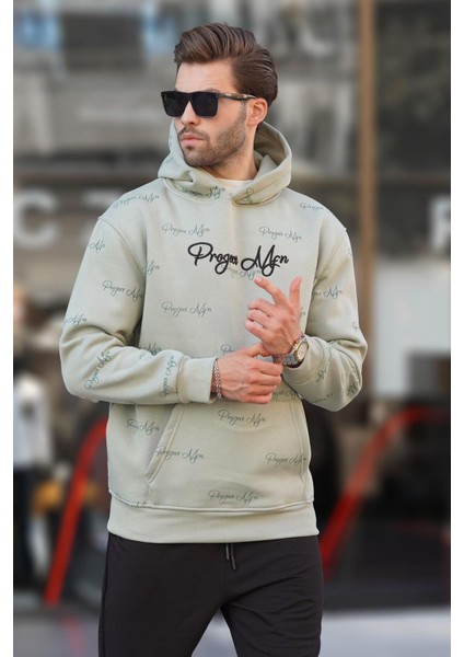 Çağla Yeşili Baskılı Kapşonlu Cep Detaylı Erkek Sweatshirt 7075 fiyatları