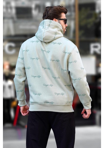 Çağla Yeşili Baskılı Kapşonlu Cep Detaylı Erkek Sweatshirt 7075 modelleri