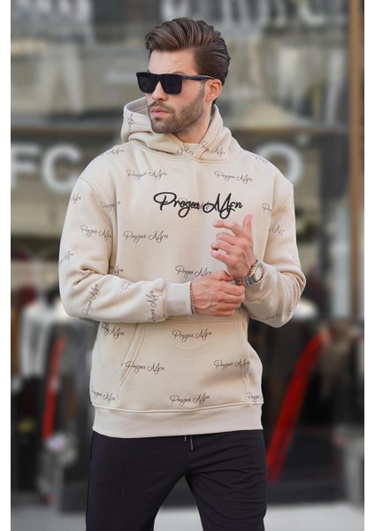 Bej Baskılı Kapşonlu Cep Detaylı Erkek Sweatshirt 7075