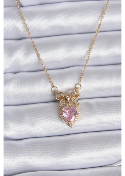 Çelik Gold Zincir Pembe Kristal Kalp Model Zirkon Taşlı Kadın Kolye