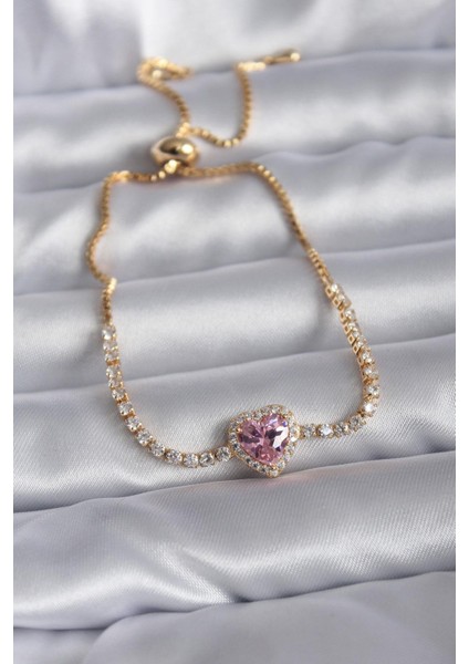 Gold Renk Pembe Zirkon Taşlı Charm Kadın Asansörlü Bileklik