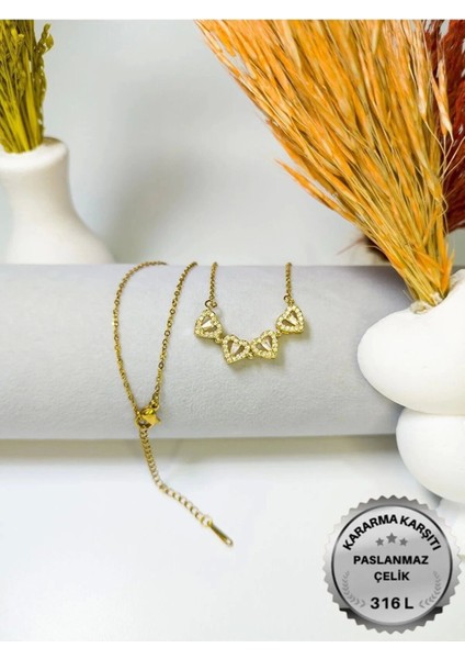 Altın Renk Sf Zincir 4 Kalp Model Vip Solmaz Kararmaz Çelik Kolye - 3057