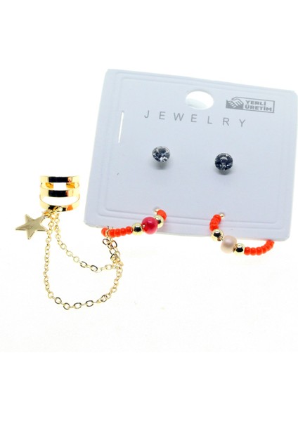 Altın Renk Yuvarlak Kıkırdak Kombin Turuncu Boncuk Küpe - 2848