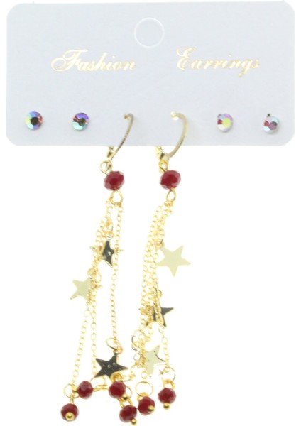 Altın Renk Yıldız Püsküllü Kombin Kırmızı Küpe - 2811