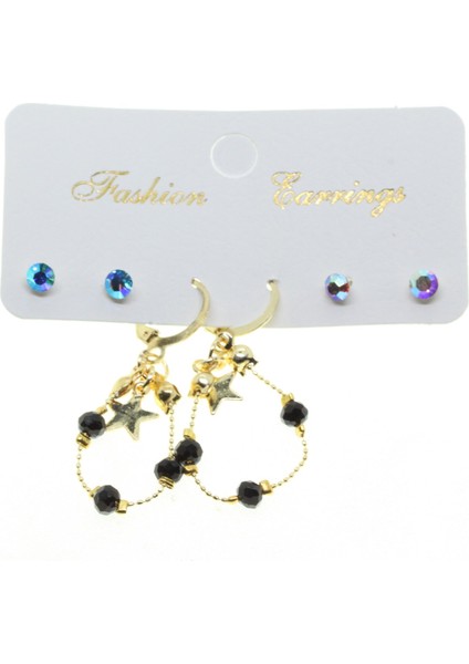 Altın Renk Yıldız Yuvarlak Kombin Siyah Boncuk Küpe - 2839