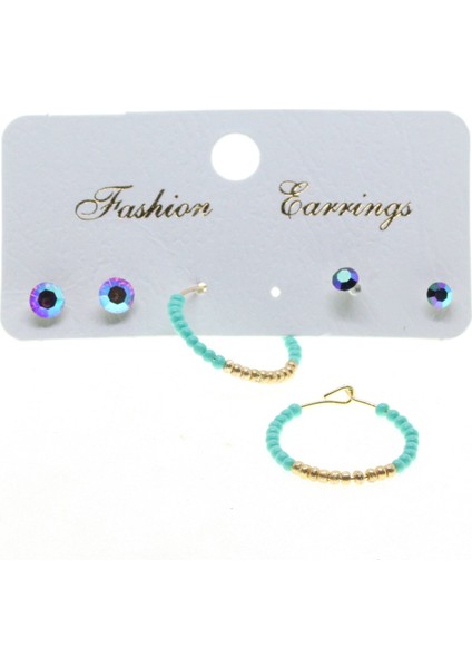 Altın Renk Kombin Yuvarlak Turkuaz Boncuk Küpe - 2828