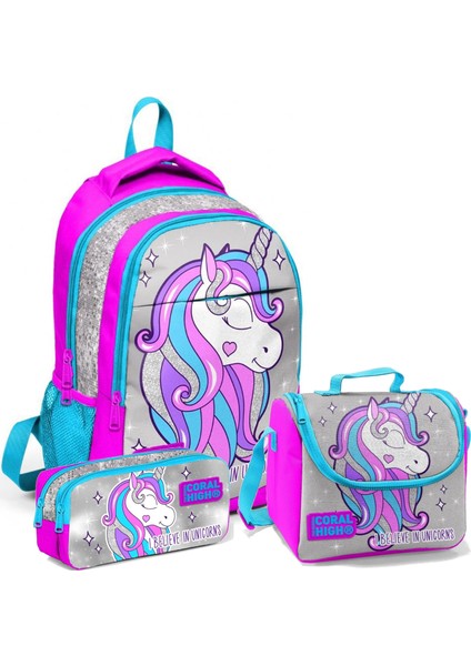 Pembe Gri Unicorn Ilköğretim Çantası + Thermo Beslenme Çantası + Kalemlik 3'lü Set