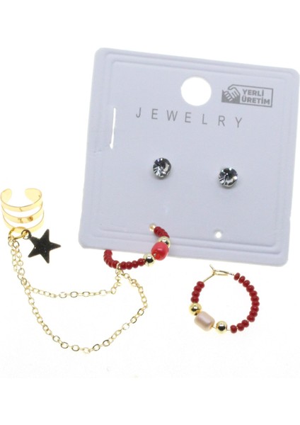 Altın Renk Yuvarlak Kıkırdak Kombin Bordo Boncuk Küpe - 2852