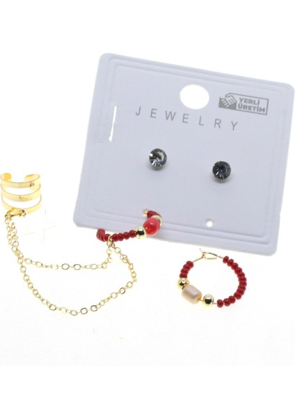 Altın Renk Yuvarlak Kıkırdak Kombin Bordo Boncuk Küpe - 2852 modelleri