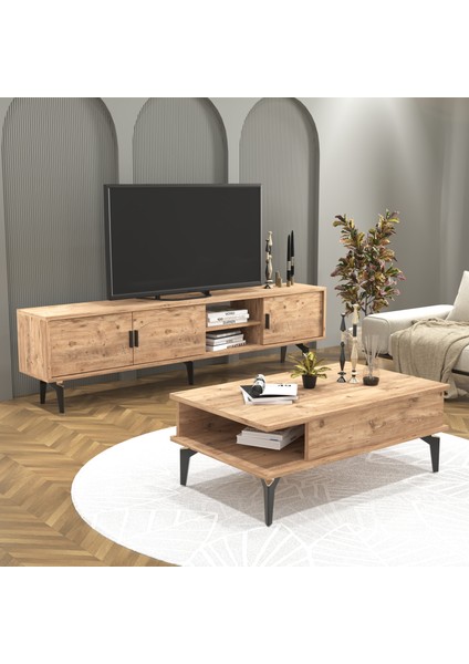 Cool Home Marin Tv Ünitesi 180 cm - Orta Sehpa Seti , Raflı , Atlantik Çam ( Ceviz)