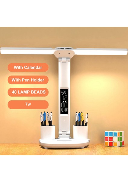 LED Masa Lambası USB Kısılabilir Dokunmatik Katlanabilir Masa Lambası Takvim Sıcaklık Saati Gece Lambası Çalışma Okuma Lambası Için (Yurt Dışından)