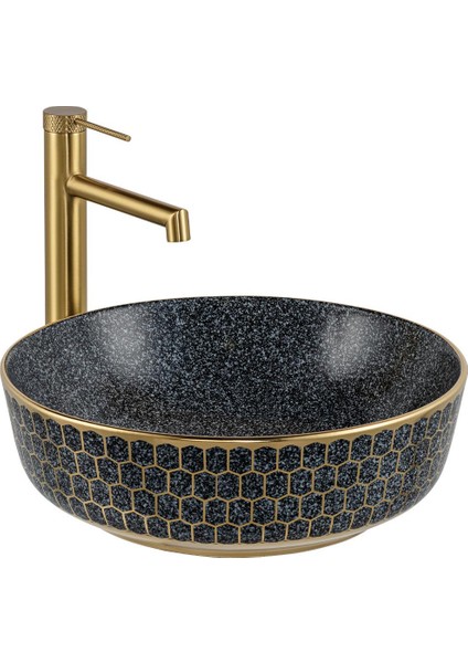 E-W8145 Tezgah Üstü Lavabo Mat Gri & Altın