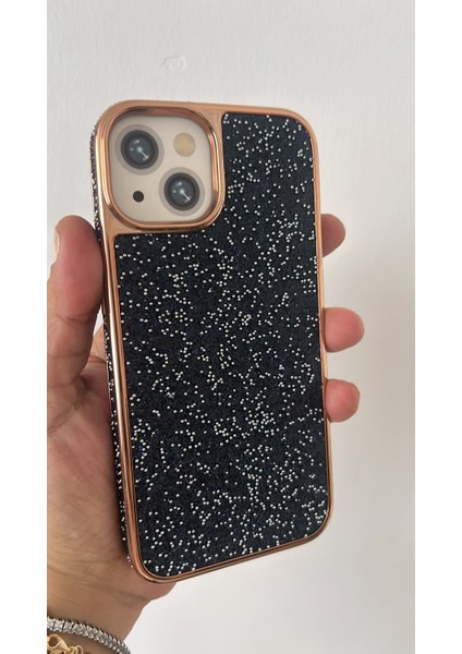 iPhone 13/14 Uyumlu Rose Gold Çerçeve İçi Kadife Lüx Taşlı Tam Koruma Kılıf