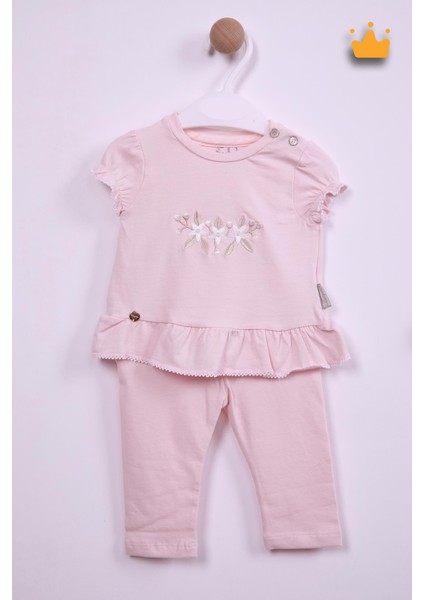 Çiçek Nakışlı Bayramlık Kız Bebek 2'li Takım Pembe 13551