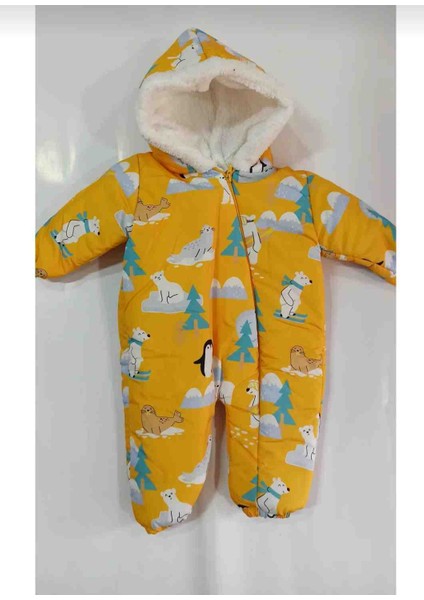 Penguen ve Kutup Ayısı Desenli Içi Peluş Astarlı Kışlık Kalın Bebek Kozmonot