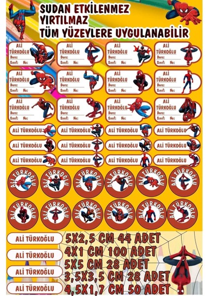 Okul Etiketi Örümcek Adam Kalem-Defter Kişiye Özel Spider Man Karakterli 12 Figür - 250 Parça