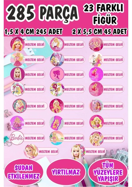 Okul Etiketi Kalem Defter Etiketi Barbie Temalı Özel Isimli Etiket 23 Figür - 285 Adet