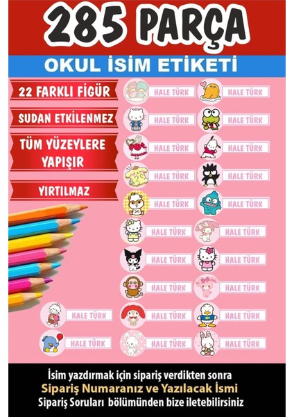 Okul Etiketi Kalem Defter Etiketi Tüm Sanrio Karakterleri Özel Isimli Etiket - 285 Adet