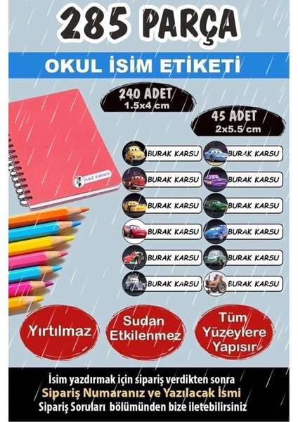 Okul Etiketi Kalem Defter Etiketi Özel Isimli Etiket Disney Arabalar 12 Figür 285 Adet