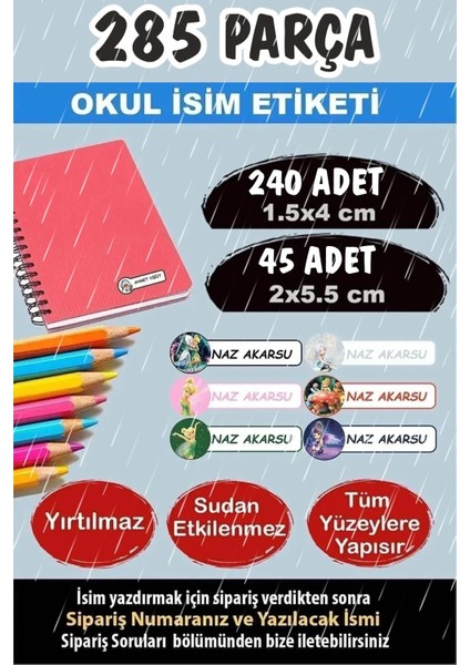 Okul Etiketi Kalem Defter Etiketi Özel Isimli Etiket Periler 6 Figür 285 Adet