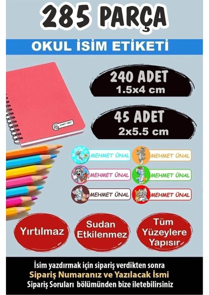 Okul Etiketi Kalem Defter Etiketi Özel Isimli Etiket Tom ve Jerry 6 Figür 285 Parça