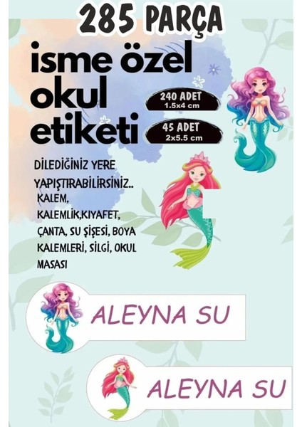 Okul Etiketi Kalem Defter Etiketi Özel Isim Yazılabilen Deniz Kızı Temalı Etiket 285 Adet