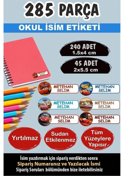 Okul Etiketi Kalem Defter Etiketi Özel Isim Yazılabilen Etiket Disney Cars 285 Parça